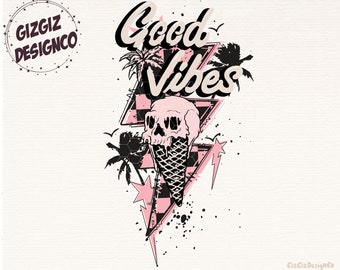 Buenas vibras de verano PNG, Calavera Rayo Rosa Verano PNG Diseño de sublimación Descarga, Camiseta de verano, PNG de moda, Descarga digital, PNG