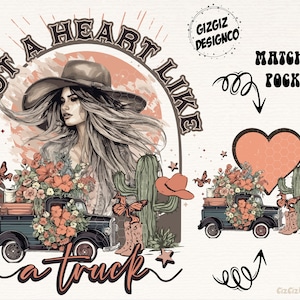 Heart Like A Truck Png, Western Sunset Cowgirl, Western Shirt Png, Pocket Set PNG Sublimation, Sublimation Download, Design PNG, Country PNG