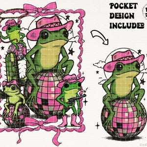 May include: A digital illustration featuring green frogs wearing pink cowboy hats and boots. One frog holds a gun, another a lasso, and others sit on disco balls. The text "POCKET DESIGN INCLUDED" is also present.