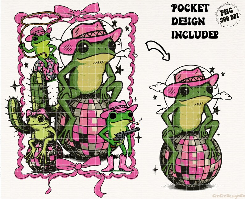 May include: A digital illustration featuring green frogs wearing pink cowboy hats and boots. One frog holds a gun, another a lasso, and others sit on disco balls. The text "POCKET DESIGN INCLUDED" is also present.