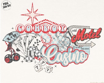 Cowboy Casino and Motel Checkered PNG Digital Download Retro Cowgirl Eight Ball Dice Cards Western Shirt Design Concho Trendy Western Png