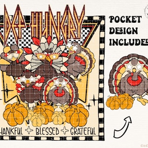 May include: A Thanksgiving-themed graphic design featuring a group of turkeys wearing sunglasses and the text "Deathunky" in a retro font. The turkeys are surrounded by pumpkins and the text "Thankful + Blessed + Grateful".