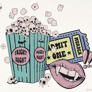 May include: A cartoon illustration of a bucket of popcorn with skulls, a ticket that says "Admit One" and "Murder", a pair of fangs, and the words "Fright Night" on the bucket.