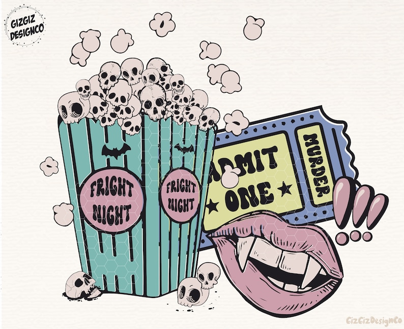 May include: A cartoon illustration of a bucket of popcorn with skulls, a ticket that says "Admit One" and "Murder", a pair of fangs, and the words "Fright Night" on the bucket.