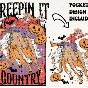 Puede incluir: Una ilustraci&oacute;n digital de una mujer montando un caballo con una calabaza en la boca. La mujer lleva un sombrero de vaquero y una camisa roja. El fondo es morado con murci&eacute;lagos y estrellas. El texto "Creepin' It Country" est&aacute; en la parte inferior de la imagen.