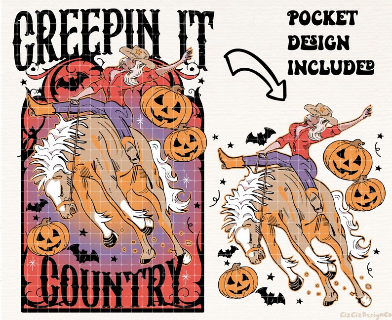 Puede incluir: Una ilustraci&oacute;n digital de una mujer montando un caballo con una calabaza en la boca. La mujer lleva un sombrero de vaquero y una camisa roja. El fondo es morado con murci&eacute;lagos y estrellas. El texto "Creepin' It Country" est&aacute; en la parte inferior de la imagen.