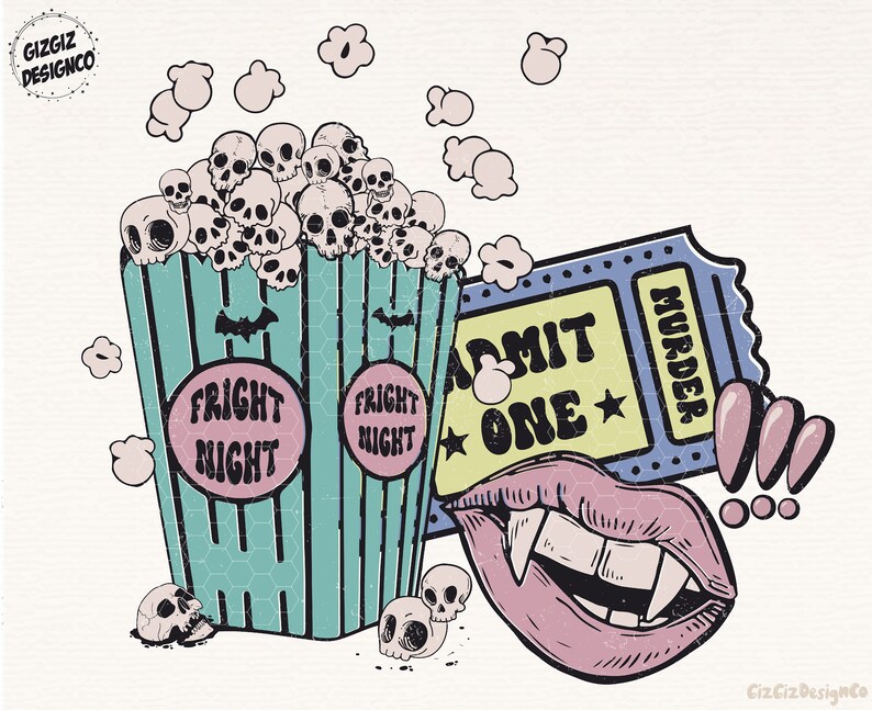 May include: A cartoon illustration of a bucket of popcorn with skulls, a ticket that says "Admit One" and "Murder", a pair of fangs, and exclamation points. The popcorn bucket says "Fright Night" on both sides.