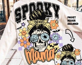 Spooky Mama png, trendy Halloween-png, Halloweenshirt-sublimatieontwerp, Trick or Treat, retro Halloween-png, spookseizoen, skelet png