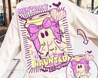 Cute Ghost Mentally Haunted & Caffeinated Funny Retro Halloween Png Trendy Halloween Spooky Season Checkered Halloween Coffee Ghost Png