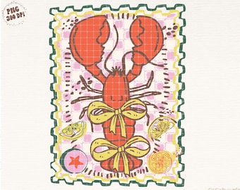 Coquette Lobster PNG, Boho Checker Summer Shirt Design, Coastal Aesthetic Png, Preppy Coastal Png, Crawfish Boil Season Png, Crawfish Png