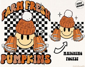 Farm Frische Kürbisse PNG, Herbst Sublimation Digital Design Download, Kürbis Patch PNG, Herbst Smiley PNG, Taschenset PNG, Retro Halloween PNG