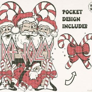 May include: A Christmas-themed graphic design featuring three Santa Clauses with candy canes and the text "Def Jolly".