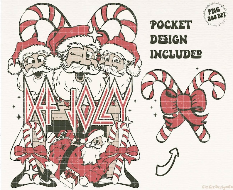May include: A Christmas-themed graphic design featuring three Santa Clauses with candy canes and the text "Def Jolly".