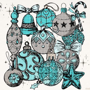 Peut inclure: Une collection d'ornements de No&euml;l dessin&eacute;s &agrave; la main dans des tons de bleu et de gris. Les ornements comprennent des cloches, des &eacute;toiles et des ornements ronds traditionnels avec des motifs complexes.