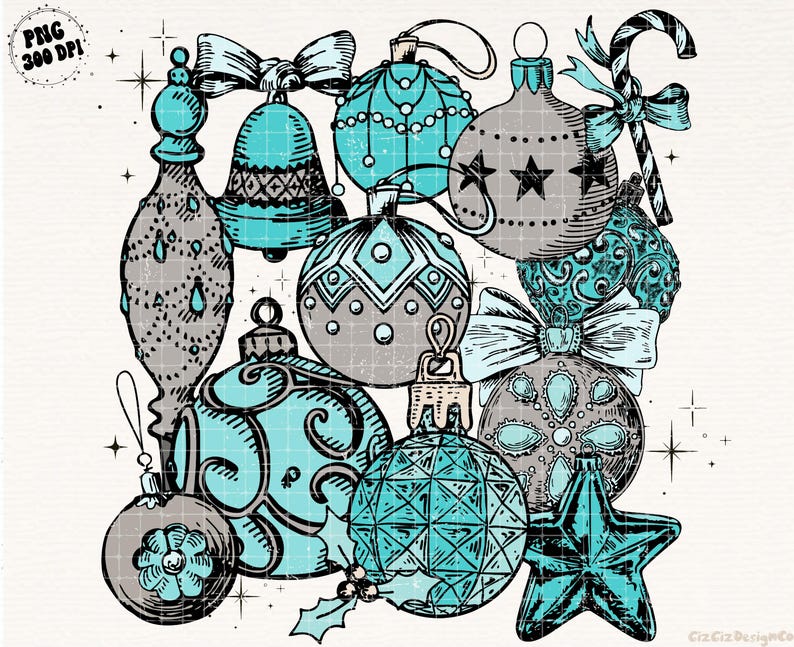 Peut inclure: Une collection d'ornements de No&euml;l dessin&eacute;s &agrave; la main dans des tons de bleu et de gris. Les ornements comprennent des cloches, des &eacute;toiles et des ornements ronds traditionnels avec des motifs complexes.