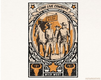 Retro Western Png | Long Live Cowboy Sublimation Design Download | Western Sublimation | Cowboy Shirt Design | Distressed Wild West Country