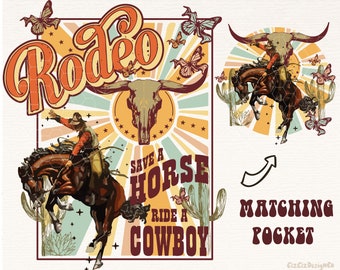 Op de afbeelding: Een retro-stijl illustratie van een cowboy die een bokkend paard berijdt met de tekst "Rodeo" in een gestileerd lettertype. De afbeelding bevat ook een schedel, cactussen, vlinders en de tekst "Save a Horse, Ride a Cowboy".