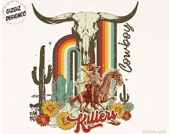 May include: A vintage-style graphic design featuring a skeleton cowboy riding a horse with a skull and rainbow background. The design includes cacti, flowers, and the text "Killers Cowboy".