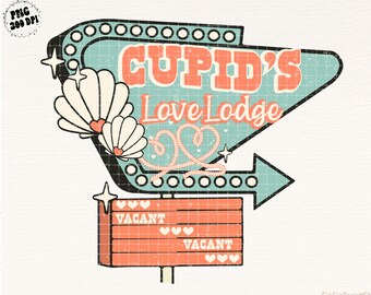 以下が含まれることがあります： レトロスタイルの看板で、ターコイズブルーの背景にコーラルと白で「Cupid's Love Lodge」と書かれています。看板には矢印、装飾的な花、そして「Vacant」のサインがあります。デザインはレトロな美学を持っています。