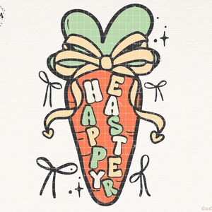 May include: A cartoon carrot with a green bow and the words "Happy Easter" written vertically on it.