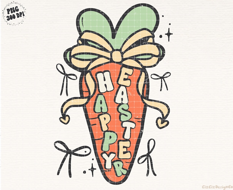 May include: A cartoon carrot with a green bow and the words "Happy Easter" written vertically on it.