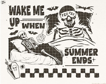 Maak me wakker als de zomer eindigt png, grappig skelet Halloween png, zomerskelet png, Halloween-sublimatie png-bestand, sarcastisch png, retro png