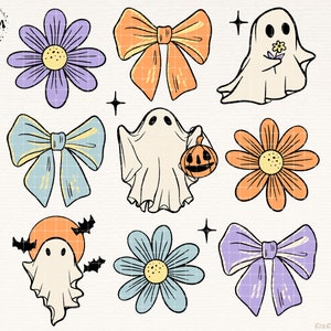 May include: A set of digital clipart featuring cute Halloween illustrations. The set includes ghosts, bows, and flowers in various colors, including purple, blue, orange, and yellow.