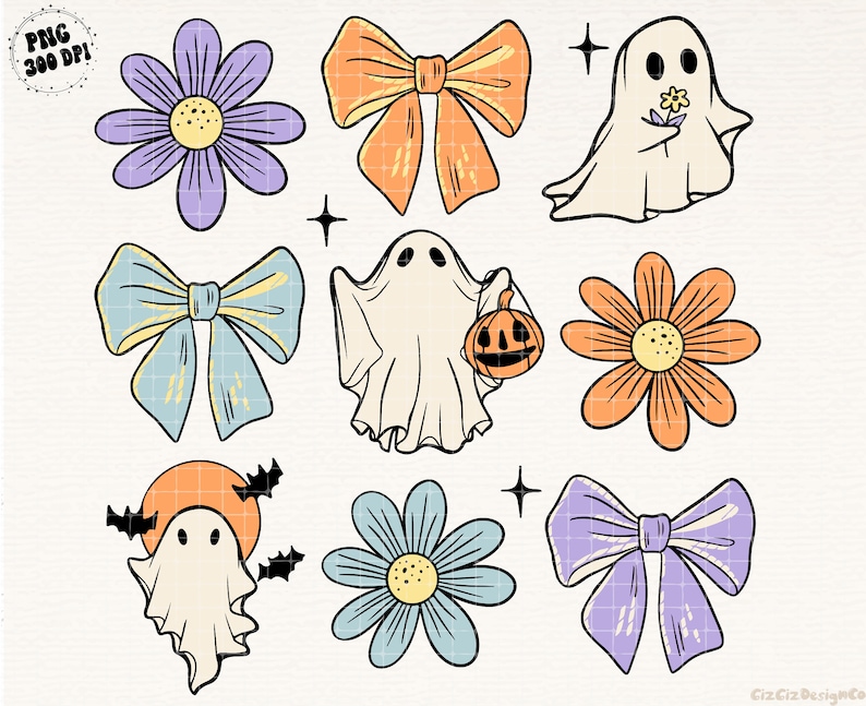 May include: A set of digital clipart featuring cute Halloween illustrations. The set includes ghosts, bows, and flowers in various colors, including purple, blue, orange, and yellow.