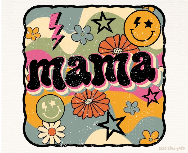 Op de afbeelding: Retro-grafische afbeelding met het woord "mama" in vetgedrukte, zwarte letters. De achtergrond heeft een kleurrijk, psychedelisch patroon met bloemen, sterren en smiley-gezichten.