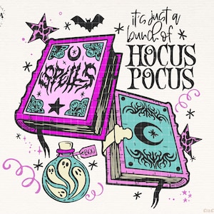 May include: A digital illustration featuring two spell books with the word "Spells" on one and "Hocus Pocus" text. A potion bottle with ghosts and stars complete the Halloween theme. The color palette includes pink, teal, and black.