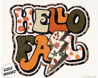 Hello Fall PNG, Fall, Pumpkin Season, Sublimation Design Downloads, Retro Fall PNG, Autumn Hello Fall Vibes, Thanksgiving, Instant Download