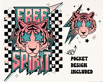 Free Spirit Png, Tiger Png, Pocket Set, Retro png, Vintage Png Sublimation Digital Download, Sublimation Png, Rock n Roll Png, Checkered png