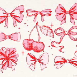 May include: A set of nine pink and red hand-drawn illustrations of bows and cherries. The bows are in various styles, including a large bow with a heart in the center. The cherries are drawn with stems and leaves.