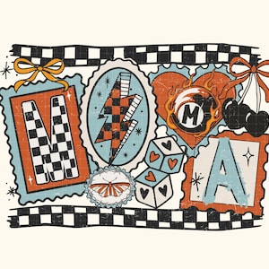 Op de afbeelding: Een retro-stijl grafisch ontwerp met de letters "M" en "A" in een dambordpatroon, een bliksemschicht, dobbelstenen en een hart met een vlammende "M". Het ontwerp bevat een vlinder, kersen en strikken, alles tegen een cr&egrave;mekleurige achtergrond.