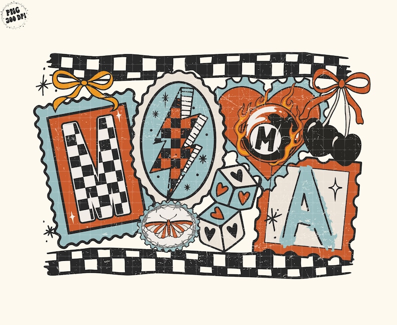 Op de afbeelding: Een retro-stijl grafisch ontwerp met de letters "M" en "A" in een dambordpatroon, een bliksemschicht, dobbelstenen en een hart met een vlammende "M". Het ontwerp bevat een vlinder, kersen en strikken, alles tegen een cr&egrave;mekleurige achtergrond.