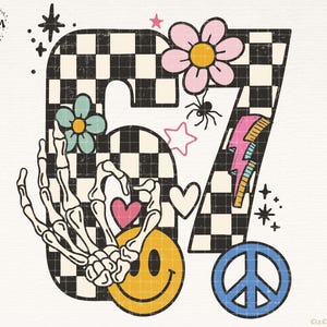 May include: A retro-style digital graphic featuring the number "67" with a checkered pattern. The design includes a skeleton hand, smiley face, flowers, a lightning bolt, stars, hearts, a peace sign, and a spider.