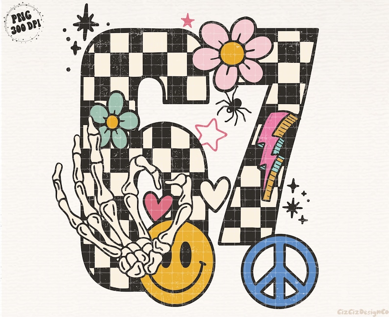 May include: A retro-style digital graphic featuring the number "67" with a checkered pattern. The design includes a skeleton hand, smiley face, flowers, a lightning bolt, stars, hearts, a peace sign, and a spider.