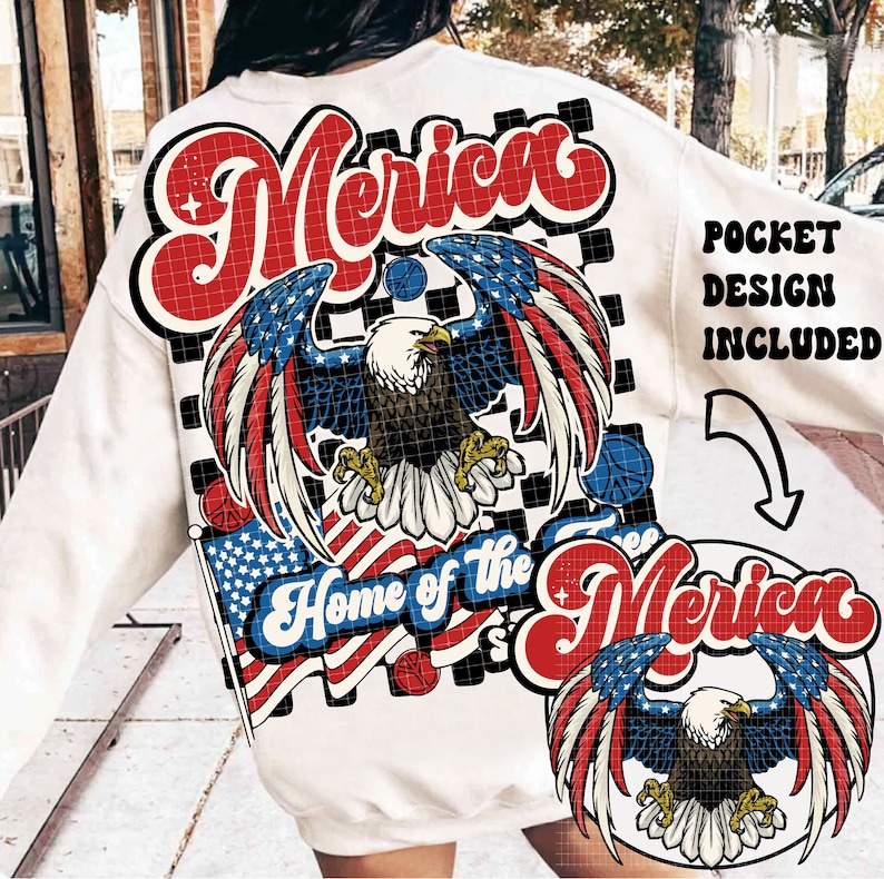 May include: White sweatshirt with a red, white, and blue eagle graphic and the text "Merica" in a retro font. The eagle is holding a banner that says "Home of the Free". The sweatshirt has a pocket on the front with a smaller version of the eagle graphic and the text "Merica".