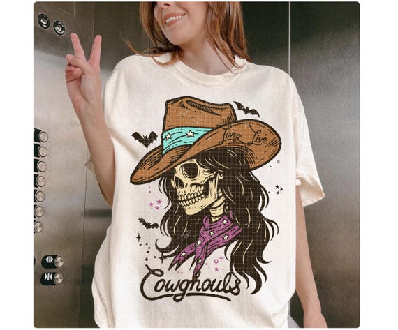 Long Live Cowghouls Png Skeleton Cowgirl Retro Halloween Png Vintage Western Illustration Trendy Country T-Shirt Design PNG Digital Download