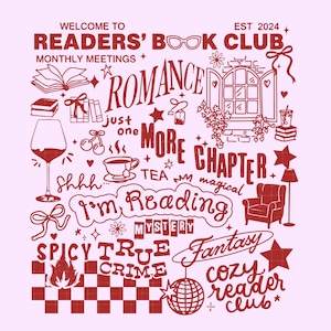 Könnte beinhalten: Ein rosa Grafikdesign mit rotem Text und Illustrationen für einen Buchclub. Das Design enthält die Wörter "Readers' Book Club", "Romance", "Mystery" und "Fantasy". Weitere Elemente sind ein Weinglas, Bücher und ein gemütlicher Sessel.