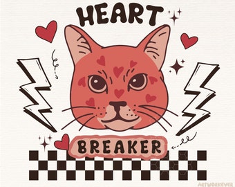 Retro Heartbreaker PNG, San Valentino png, sublimazione di San Valentino, Gatto carino PNG, San Valentino retrò png, sublimazione retrò, Cuore png, Trendy