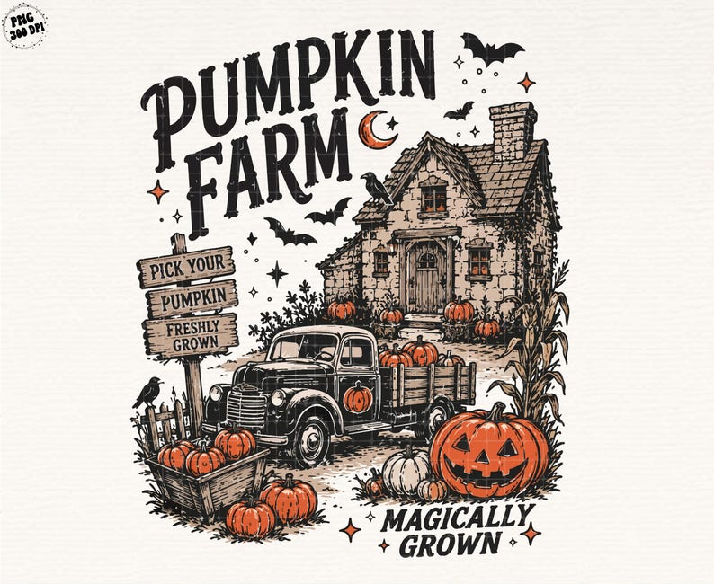 Peut inclure: Une illustration graphique montrant un camion noir, une maison en pierre et des citrouilles orange. Le texte indique PUMPKIN FARM et MAGICALLY GROWN. Un panneau en bois affiche PICK YOUR PUMPKIN FRESHLY GROWN. Chauves-souris, lune et corbeau.