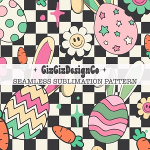 May include: A seamless pattern featuring Easter eggs, carrots, flowers, and bunny ears on a black and white chequered background. The eggs are decorated with stripes, zigzags, and stars. The flowers are yellow with smiley faces. The bunny ears are pink and green. The pattern is ideal for creating Easter-themed crafts and projects.