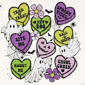 May include: A set of nine Halloween-themed candy hearts with various sayings, including "Trick or Treat", "Bite Me", "Hey Boo", "Spooky Vibes", "Hall-o-Ween", "Haunt Me", and "Ghoul Crush". The hearts are surrounded by ghosts, spiders, and bats.