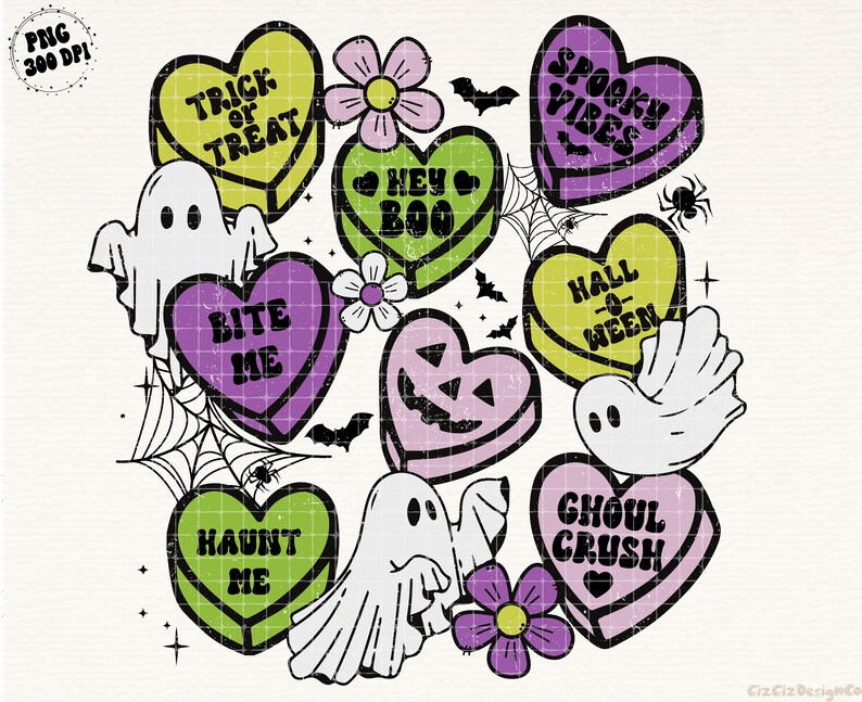 May include: A set of nine Halloween-themed candy hearts with various sayings, including "Trick or Treat", "Bite Me", "Hey Boo", "Spooky Vibes", "Hall-o-Ween", "Haunt Me", and "Ghoul Crush". The hearts are surrounded by ghosts, spiders, and bats.