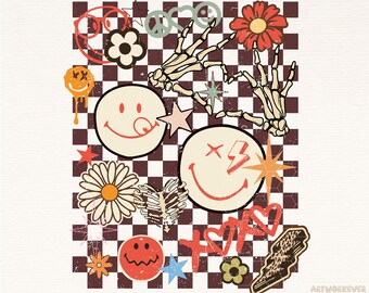 Checkered Smiley PNG Sublimation Kunst digitaler Download Retro PNG Sublimation Glücklicher Png Sublimation Leopard Retro Design, lustiges Lächeln Gesicht PNG