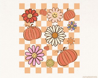 Checkered Fall PNG, Retro Pumpkins & Happy Flowers Sublimation, Fall Shirt Design, Cozy Season, Grunge Fall Smile Face Png, Autumn Vibes dtg
