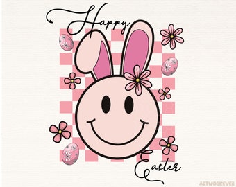 Happy Easter Smiley Bunny Ears Png, Funny Easter Day Sublimation Design, Pink Checkered Easter Shirt Design, Digital Download, Retro Easter