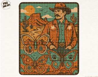 Vintage Boho Western Cowboy Clipart Png Digital Design Download, Butterfly, Western Country Png, Desert Vibes Png, Cowboy Sublimation File