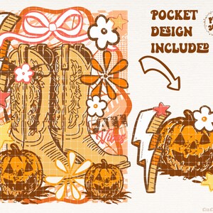 May include: A digital illustration featuring cowboy boots, pumpkins, flowers, and stars in shades of orange, brown, and white. The text "Fall Vibes" and "Pocket Design Included" are also present. The design has a retro aesthetic.